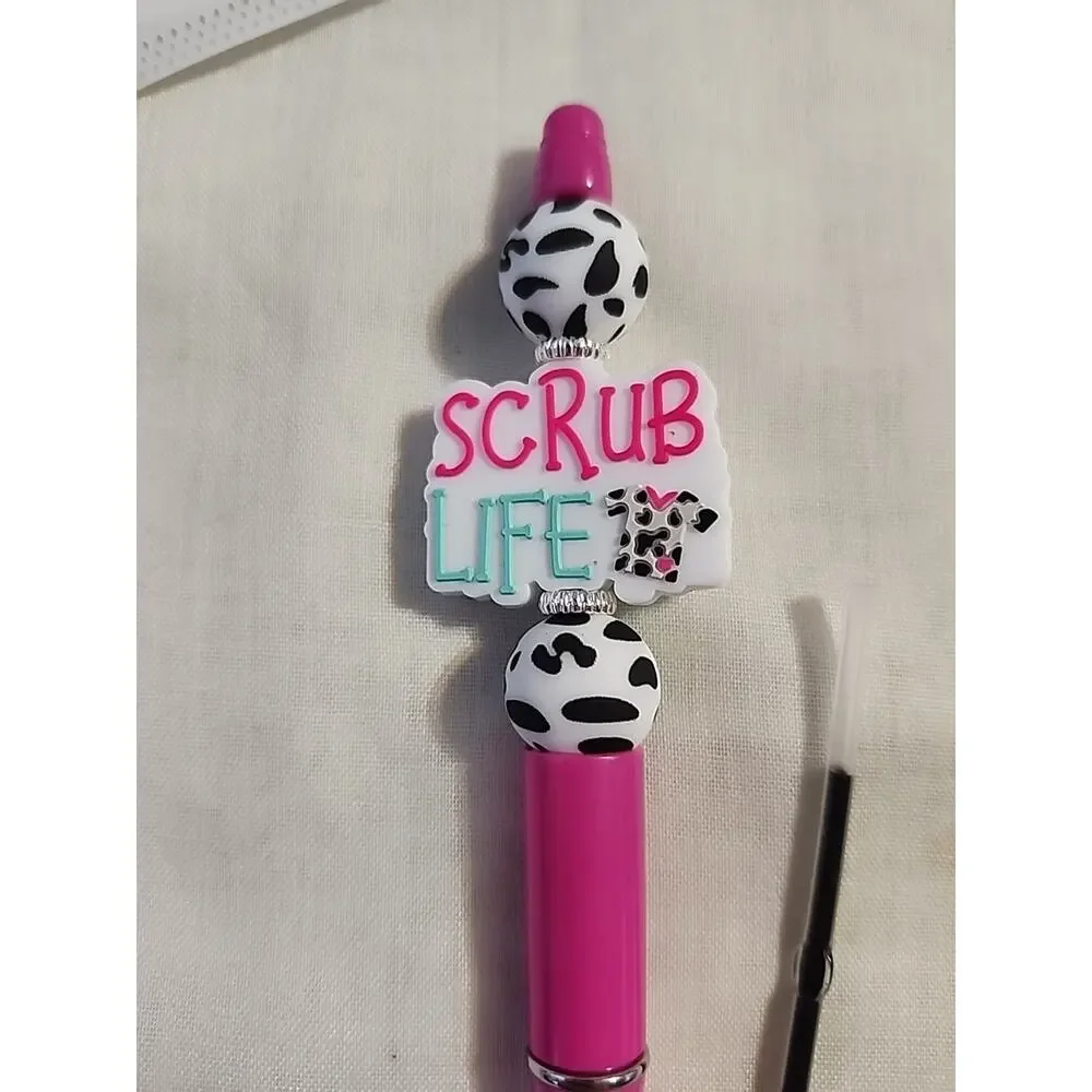 Bead Pen Scrub Life Nurse Silicone Beads Pink Black White Print Extra Ink Cartri